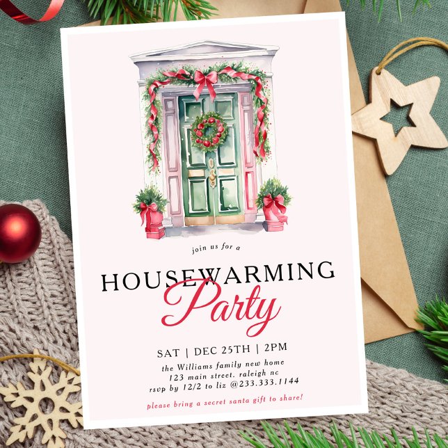 Modern Script Christmas Door Housewarming Party Invitation (Creator Uploaded)