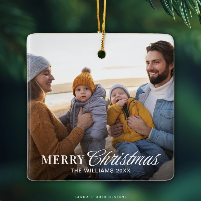 Modern Script Christmas Family Photo Ceramic Ornament (Customize ornament with your photo, family name and year. The design repeats on the front and back.)