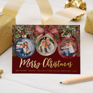 Modern Script Christmas Ornament Family Photos Red