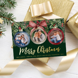 Modern Script Christmas Ornaments 3 Photos Green 
