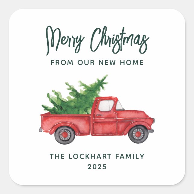 Modern Script Christmas Red Truck Holiday Square Sticker (Front)