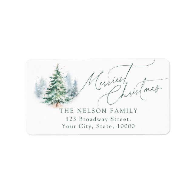 Modern Script Christmas Tree Return Address Label (Front)