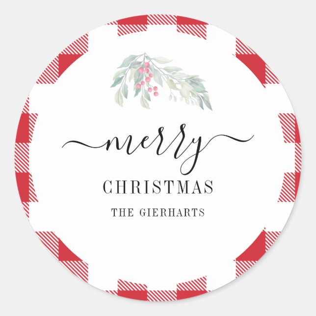 Modern Script Christmas Watercolor  Botanicals Classic Round Sticker (Front)