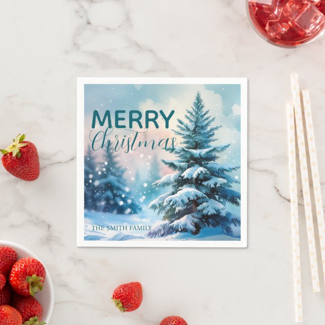 Modern Script Christmas Xmas winter pine tree fore Napkin (Insitu)
