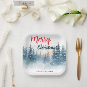 Modern Script Christmas Xmas winter pine tree fore Paper Plate