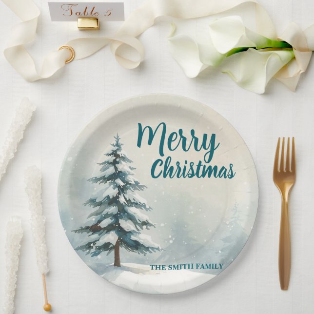 Modern Script Christmas Xmas winter pine tree fore Paper Plate (Wedding)