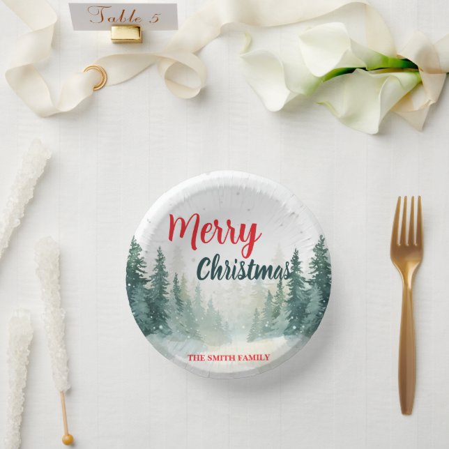 Modern Script Christmas Xmas winter pine tree fore Paper Plate (Wedding)