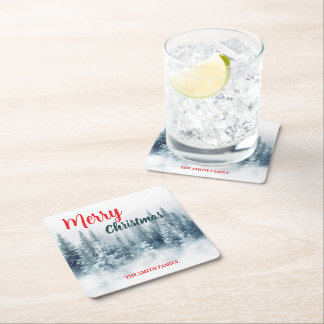 Modern Script Christmas Xmas winter pine tree fore Square Paper Coaster