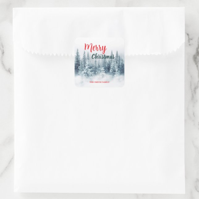 Modern Script Christmas Xmas winter pine tree fore Square Sticker (Bag)