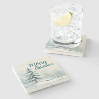 Modern Script Christmas Xmas winter pine tree fore Stone Coaster