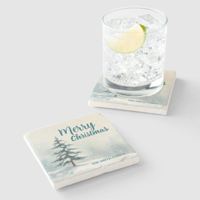 Modern Script Christmas Xmas winter pine tree fore Stone Coaster (Side)