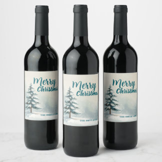 Modern Script Christmas Xmas winter pine tree fore Wine Label