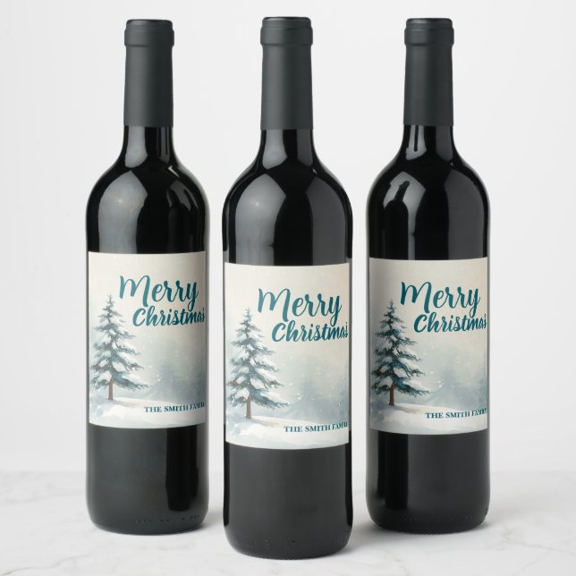 Modern Script Christmas Xmas winter pine tree fore Wine Label (Bottles)