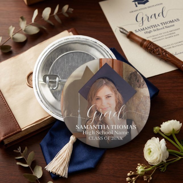 Modern Script Classic Photo Graduate Commencement  3 Cm Round Badge (Modern Script Classic Photo Graduate Commencement Button)
