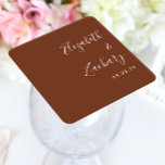 Modern Script Coffee Brown Wedding Square Paper Coaster<br><div class="desc">These simple,  modern wedding coaster favours feature white text aligned to the right margin on a coffee brown background. Add the names of the bride and groom in stylish handwriting calligraphy.</div>