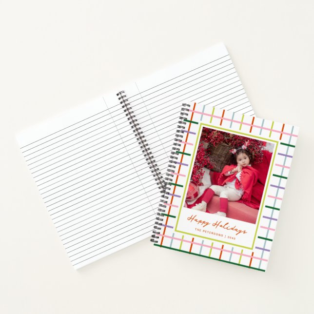 Modern Script Colorful Grid Happy Holidays Photo Notebook (Inside)