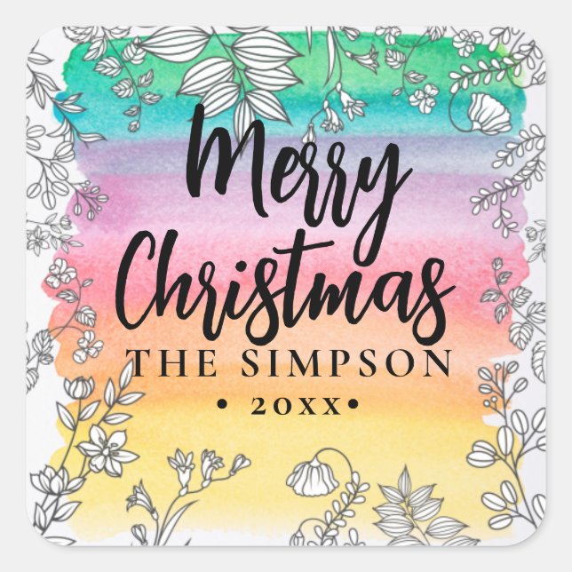 Modern Script Colourful Merry Christmas Square Sticker (Front)