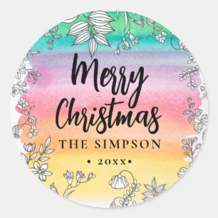 Modern Script Colourful Watercolor Merry Christmas Classic Round Sticker