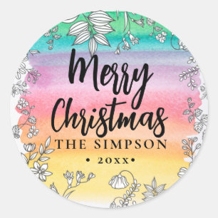 Modern Script Colourful Watercolor Merry Christmas Classic Round Sticker