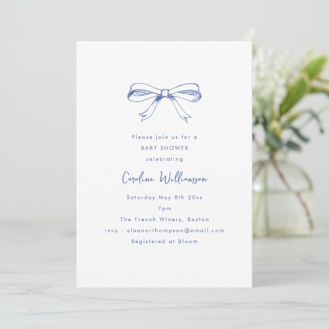 Modern Script Coquette Bow Blue Baby Shower Invitation (Standing Front)