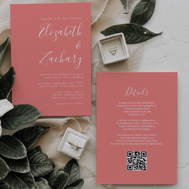Modern Script Coral Pink QR Code Wedding Invitation (Creator Uploaded)