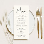 Modern Script Cream Wedding Reception Menu<br><div class="desc">Modern light cream wedding reception menu featuring "Menu" in a chic contemporary script,  your menu in simple typography,  your names joined by a heart and your reception date.</div>
