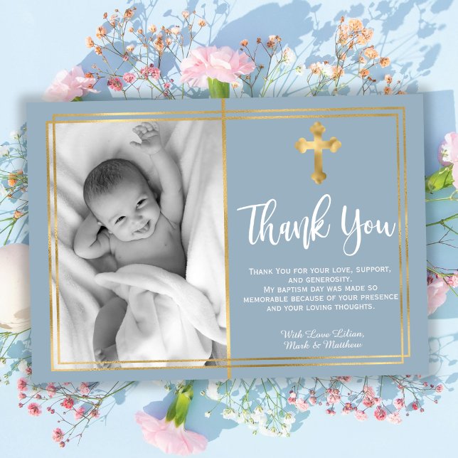 Modern Script Cross Dusty Blue Baptism Photo  Thank You Card (Creator Uploaded)