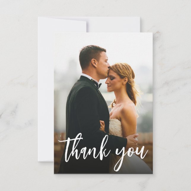 Modern Script Custom 2 Wedding Photos  Thank You Card (Front)