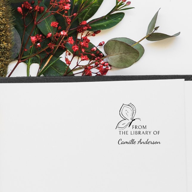 Modern Script Custom Library Book Simple Butterfly Rubber Stamp (Creator Uploaded)