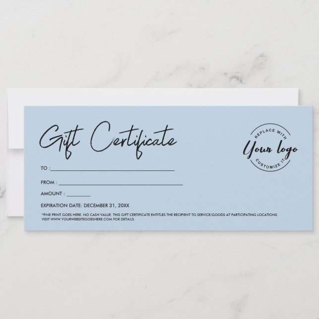 Modern Script Custom Logo Gift Certificate Blue Invitation (Front)