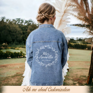 Modern Script Custom Mrs Wedding Floral Wreath Denim Jacket