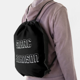 Modern Script Custom Name Black and White Drawstring Bag