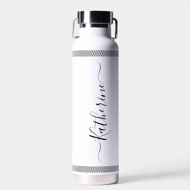 Modern Script Custom Name Black Border Chic Travel Water Bottle (Front)