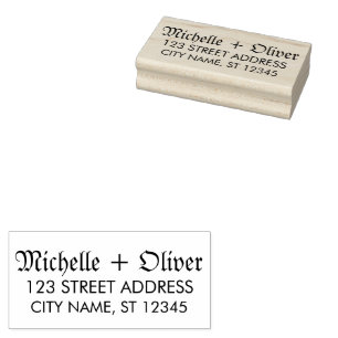 Modern Script Custom Names Wedding Couple Address Rubber Stamp