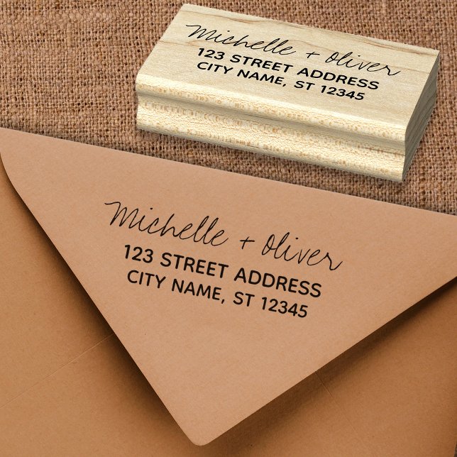 Modern Script Custom Names Wedding Couple Address Rubber Stamp (Creator Uploaded)