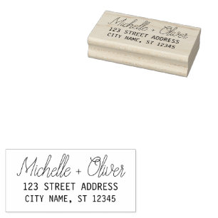 Modern Script Custom Names Wedding Couple Address Rubber Stamp