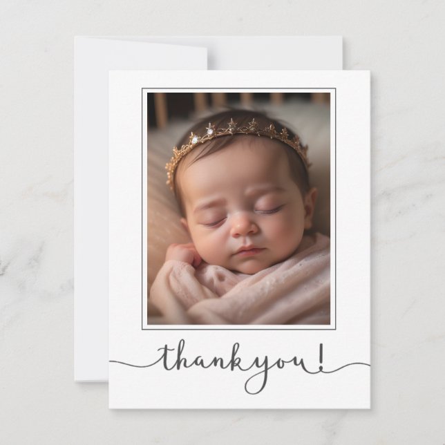 Modern Script Custom Newborn Baby Photo thank you Invitation (Front)