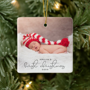 Modern Script Custom Photo First Christmas Ceramic Ornament