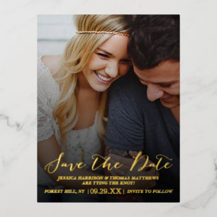 Modern Script   Custom Photo Save The Date Real Foil Invitation Postcard