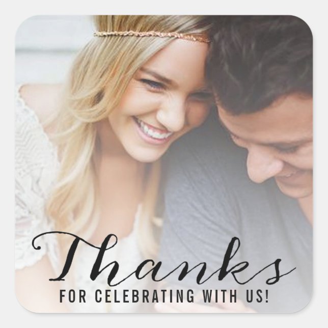 Modern Script | Custom Photo Wedding Thank You Square Sticker (Front)