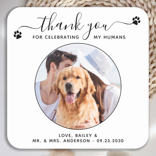 Modern Script Custom Thank You Pet Wedding Photo Square Paper Coaster (Creator Uploaded)