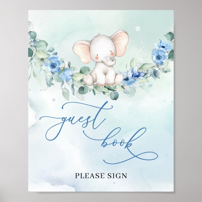 Modern script Cute Elephant blue guest book sign (Front)