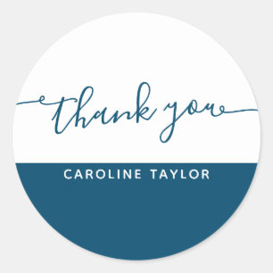 Modern Script Dark Blue White Thank You Classic Round Sticker