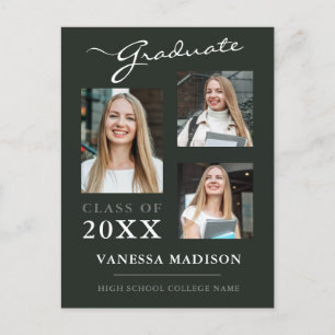 Modern Script Dark Green Graduate Announcement Postcard