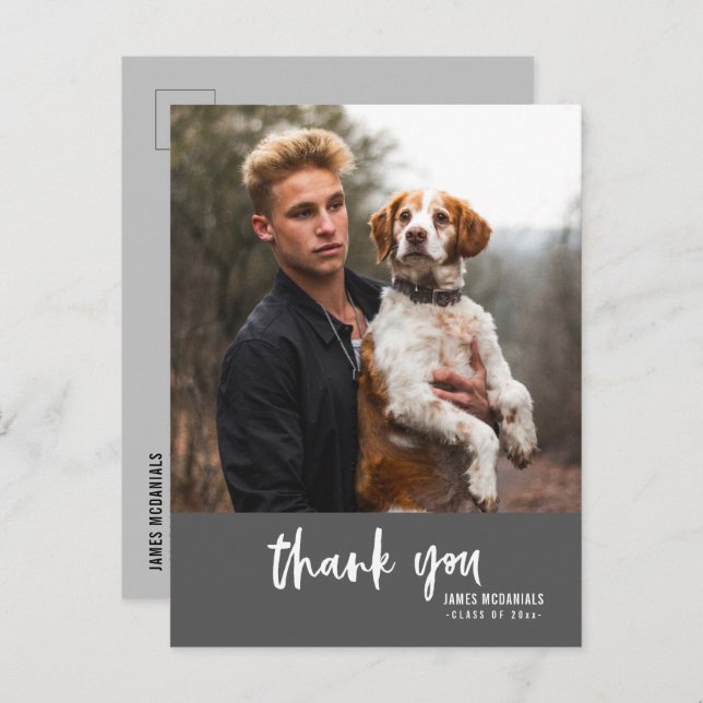 Modern Script Dark Grey Photo Graduation Thank You Invitation Postcard (Front/Back)