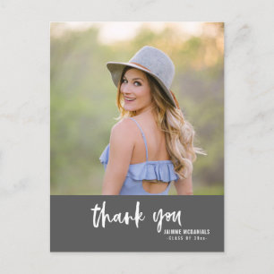 Modern Script Dark Grey Photo Graduation Thank You Invitation Postcard
