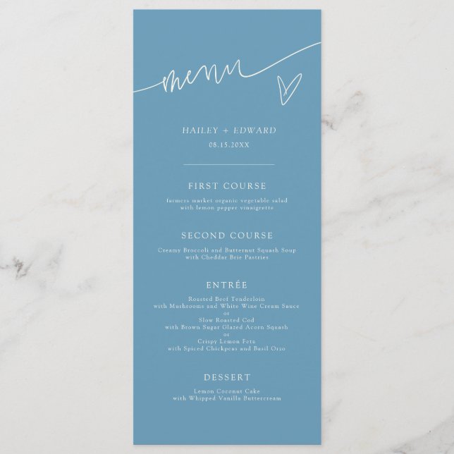 Modern Script Denim Blue Wedding Menu (Front)