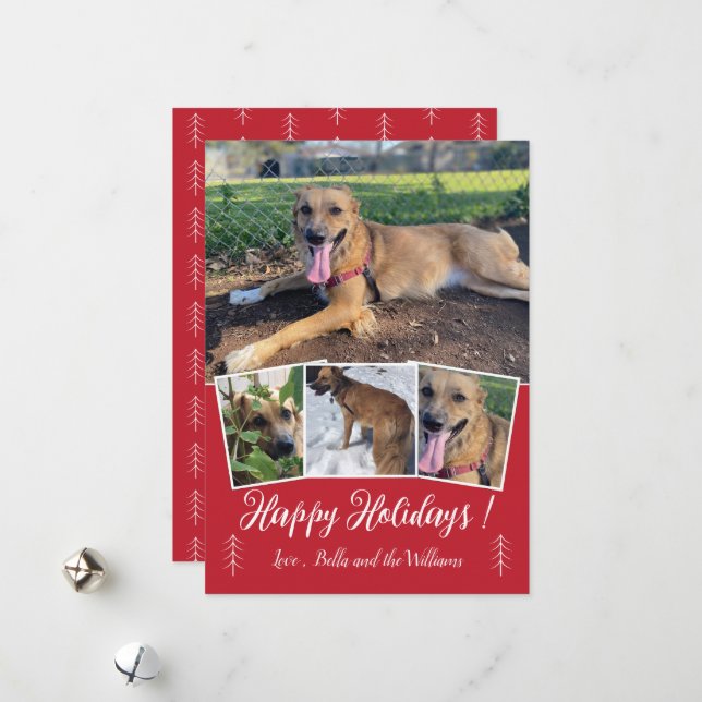 Modern Script Dog Photo Collage Red Holiday Card (Front/Back In Situ)