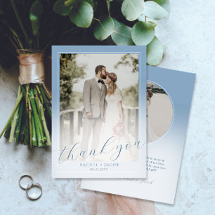 Modern Script Dusty Blue 2-Photo Wedding Thank You Card