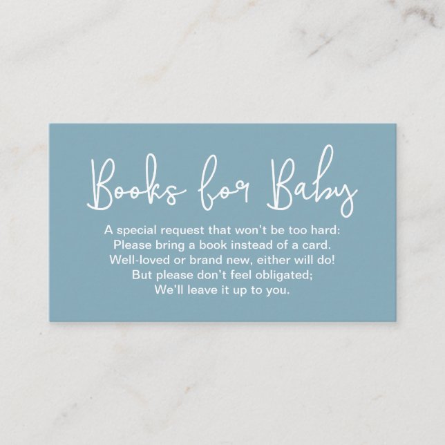 Modern Script dusty blue Baby shower Book Request Enclosure Card (Front)